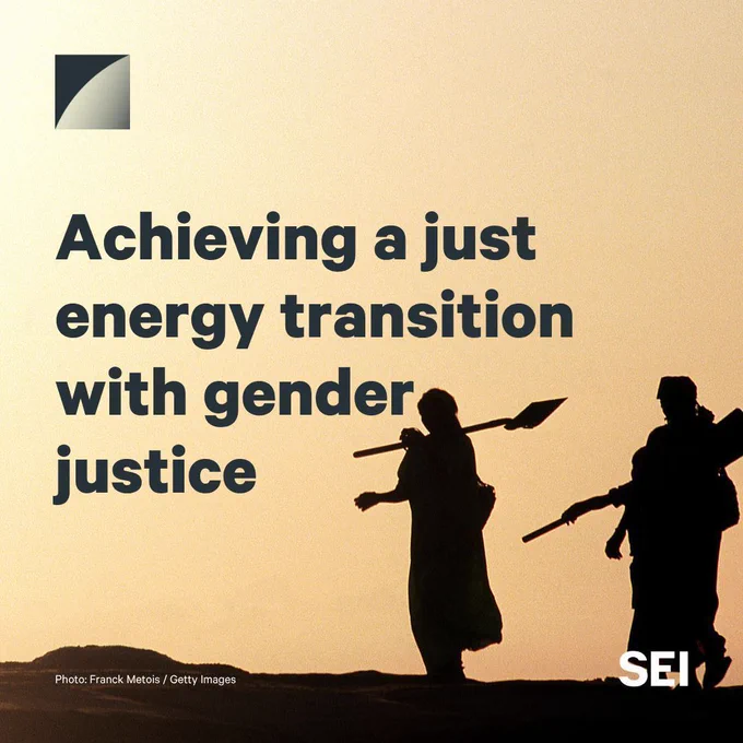 Women are walking in a desert landscape in Colombia. These women belong to the Wayuu tribe. They are going to work in the salt flats early in the morning. The text over the image reads "Achieving a just energy transition with gender justice". 