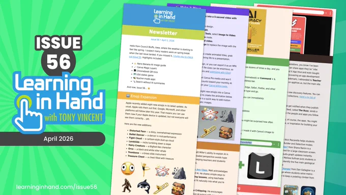 Graphic showing thumbnails of the contents of Issue 56 of the Learning in Hand Newsletter
