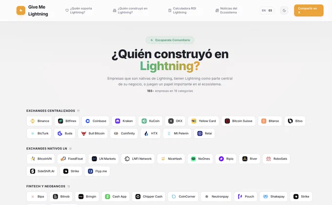 Givemelightning, portal desarrollado por la comunidad donde se muestra quiénes han construido en lightning y quienes faltan por integrarlo! 