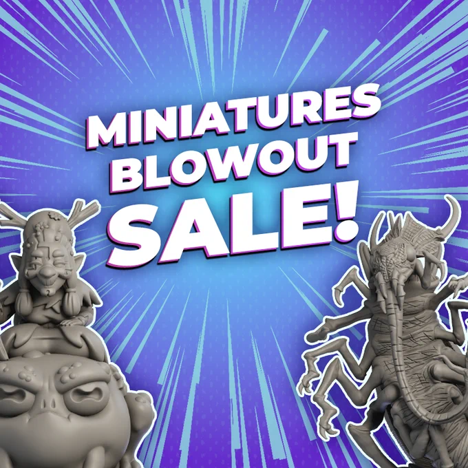 Bold text announces a Miniatures Blowout Sale with dynamic blue and purple comic-style background rays.