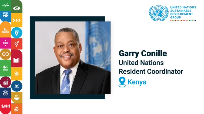 Graphic featuring Garry Conille, United Nations Resident Coordinator in Kenya, with UN branding and a column of Sustainable Development Goals icons.