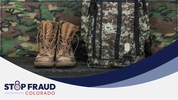A pair of worn boots and a camouflage military backpack resting against a backdrop featuring a camouflage pattern with the "Stop Fraud Colorado" logo on the lower left side.