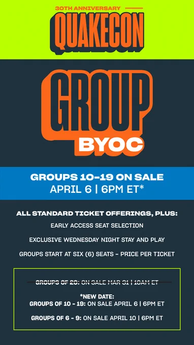 Image of QuakeCon 2026 promoting the BYOC Groups of 10-19. Starting on Monday, April 6 and ending April 9th.