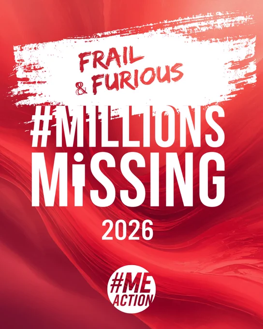  New Frail and Furious logo plus the MEAction logo on red slightly swirled background. "Frail and Furious" is shown on a swath of white paint. Underneath is the text "#MillionsMissing" but the second I is the outline of a person.   MEAction logo is a circle with the text #MEAction in the circle.
