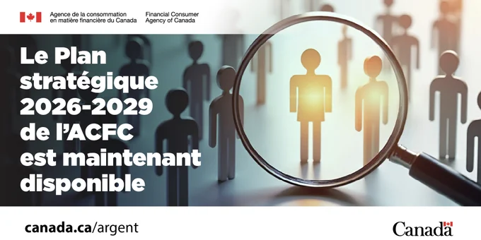 Des silhouettes de personnes sous une loupe. Texte: Le Plan stratégique 2026-2029 de l’ACFC est maintenant disponible.