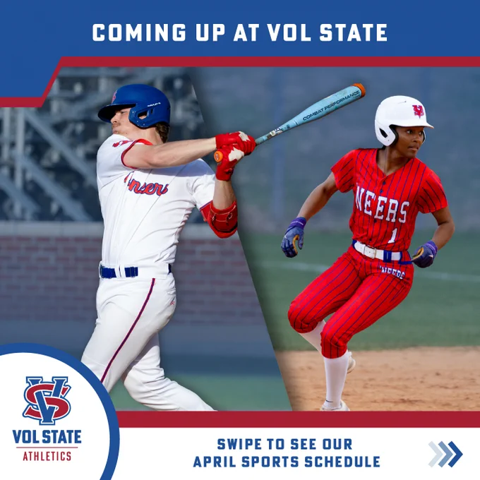 ‘Coming Up At Vol State’ is located at the top. A male baseball player and female softball player or shown in action. The rest of text says, ‘Swipe to see our April sports schedule’ and the Vol State Athletics logo is in the bottom left corner.