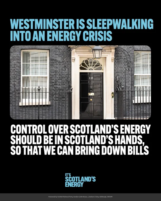 Black door of 10 Downing Street with text about Westminster facing an energy crisis and Scotland controlling its energy to reduce bills.