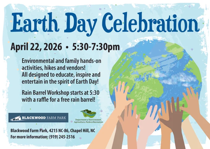 Poster for Earth Day Celebration on April 22, 2026, from 5:30 to 7:30 pm with family activities, hikes, vendors, and a rain barrel workshop.