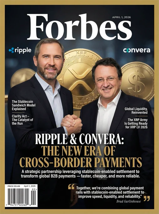 A stylized Forbes magazine cover dated April 1, 2026, featuring two executives shaking hands in front of large gold XRP coins, symbolizing a partnership between Ripple and Convera. The headline reads “Ripple & Convera: The New Era of Cross-Border Payments,” with references to stablecoin-enabled settlement, global liquidity, and the Clarity Act. The visual suggests XRP as a core bridge asset in modern financial infrastructure. Subtle mentions of the XRP Army hint at a growing community layer around this shift, with ARMY positioned as part of the ecosystem building alongside XRPL. 