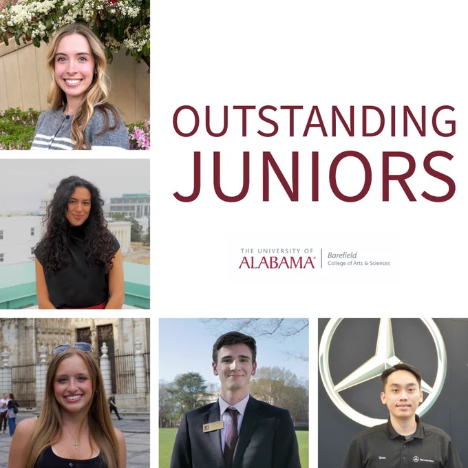 A graphic of the Barefield College of Arts & Sciences' Outstanding Juniors: Jane Singleton, Jessica Perez-Ferman, Madison Carnahan, Parker Back, and Quan Bui. 