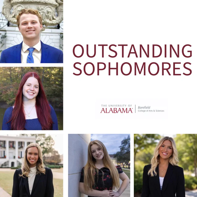 A graphic of Barefield College of Arts & Sciences' Outstanding Sophomores: Christian Colwell, Claire Taylor, Emma Reese Coffey, Isabella Smythe, and Sydney Saunders. 