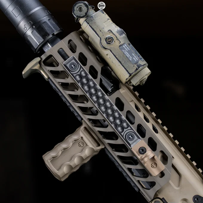 RailScales Sticker Scales®, Hardtop Mount for Scout Light Pro Light, Karve-P Polymer M-LOK Hand Stop, RSB/M VFG, QTR Stop, G10 RailScales | Heckler & Koch 416 Recce w/ Allen Engineering AEM5K Suppressor, Sig Sauer LVAW w/ MIL-SRD762-16 Suppressor, L3Harris PEQ-15 Laser, Sig Sauer 9.0" MCX Virtus SBR w/ SLH762C-QD Suppressor