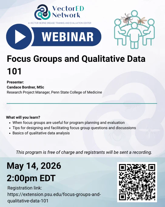 Poster for the Webinar Focus Groups & Qualitative Data 101. May 14, 2026 at 2:00 PM EDT.
