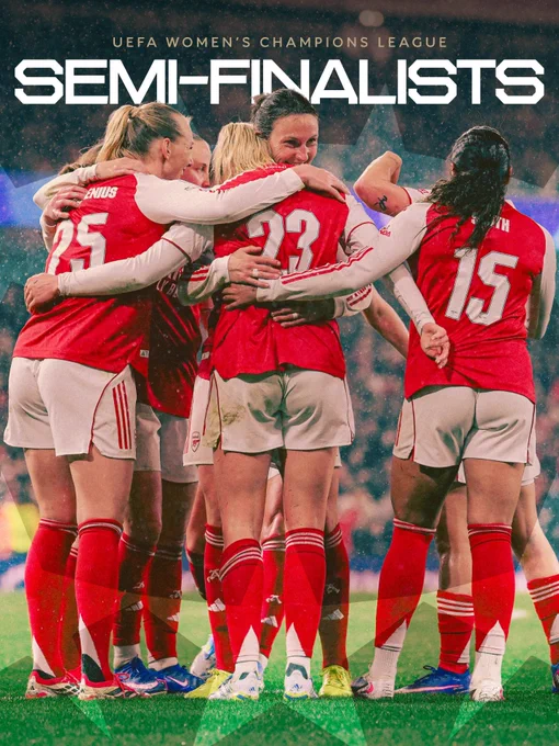 Graphic of Arsenal players celebrating with the text: UEFA Champions League semi-finalists