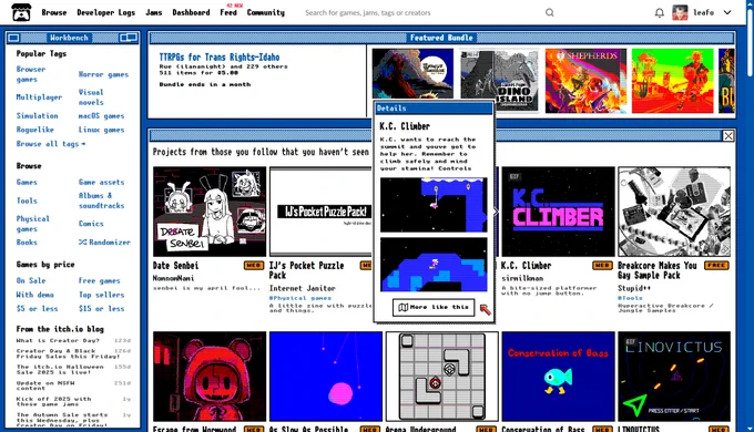 Screenshot of itchio homepage styled like Amiga Workbench