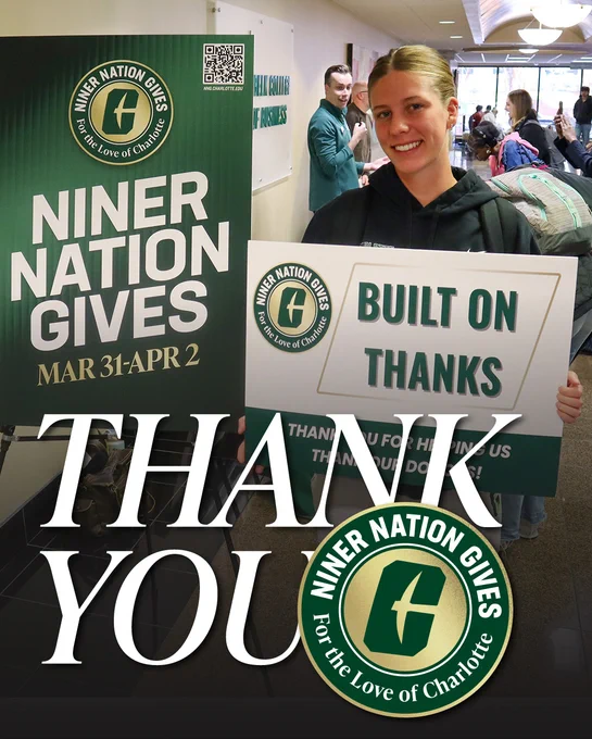 A person holds a large “Built on Thanks” sign in a busy hallway with Niner Nation Gives banners and signage behind them. Large text on the graphic reads “Thank You,” with a Niner Nation Gives badge and campaign dates visible.
