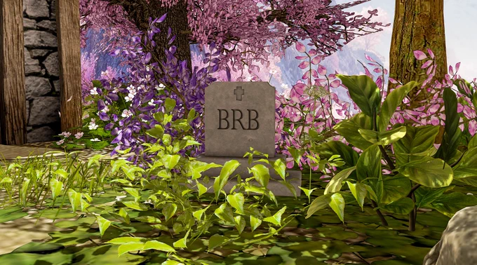 A small stone gravestone engraved with “BRB” sits among lush green plants and blooming pink flowers in a peaceful, whimsical outdoor setting, creating a humorous “AFK memorial” Second Life scene.
