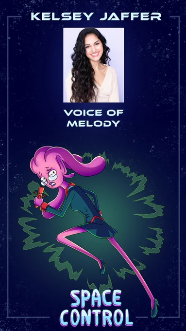 a graphic announcing that I am the voice of Melody in the VR comedy video game Space Control! It says:

"Space Control

Kelsey Jaffer

Voice of Melody"

with a headshot of me on the left and art of Melody (a lanky pink alien girl with tentacles for hair, round glasses, and a worried expression) running and looking at the viewer