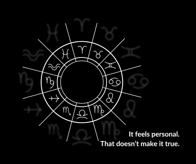 Minimalist graphic showing a zodiac wheel on one side and contrasting text reading “It feels personal. That doesn’t make it true.” Includes event details for a Skeptical Inquirer Presents livestream with Carlos Orsi on April 2 at 7:00 pm ET about the science behind astrology.