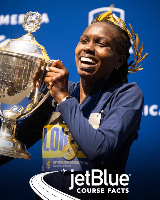 Swipe of two (2) images featuring the female champions of the 129th Boston Marathon presented by Bank of America (Sharon Lokedi and Susannah Scaroni) with the “jetBlue COURSE FACTS” badge overlayed at the bottom center