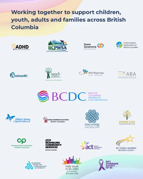 BCDC logo in middle of page with member logos surrounding it. A faint rainbow in opposite corners in the background.