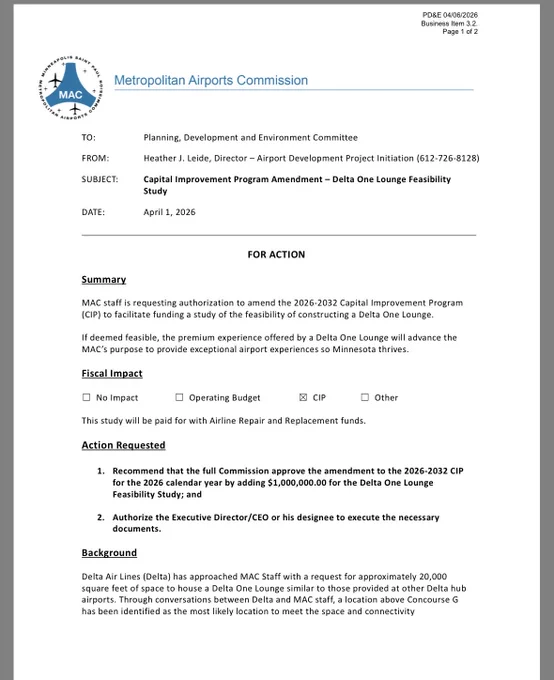 Government document outlining possible Delta One lounge at MSP Airport.