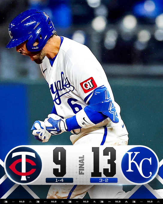 Final Score Graphic: 4/1/26
Minnesota Twins 9 (1-4), Kansas City Royals 13 (3-2)
Pictured: Jonathan India celebrates as he runs the bases during Wednesday's game. He is wearing a white Royals uniform with blue lettering and a blue Royals batting helmet.