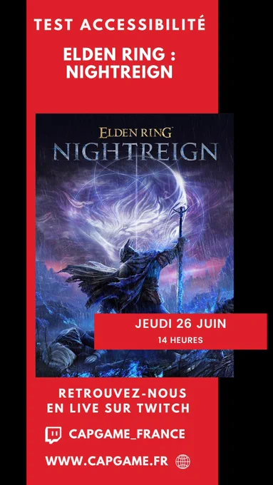 Affiche CapGame annonçant le live de jeudi 26 à 14h sur Elden Ring Nightreign sur  la chaine Twitch Capgame_France 