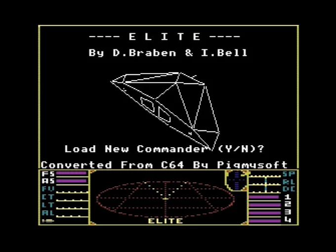 Commodore Plus/4 Elite (unofficial) - attract screen, featuring a spinning Cobra Mark 3 spacecraft.