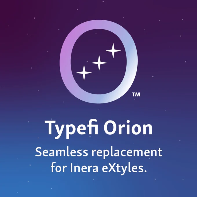 This image has a purple to dark blue gradient background with faint white dots, resembling a night sky with stars. The Typefi Orion logo mark, a white gradient circle with three stars in an upward diagonal inside it, is at the top. Below the logo mark there is white text which reads: Typefi Orion, seamless replacement for Inera eXtyles.