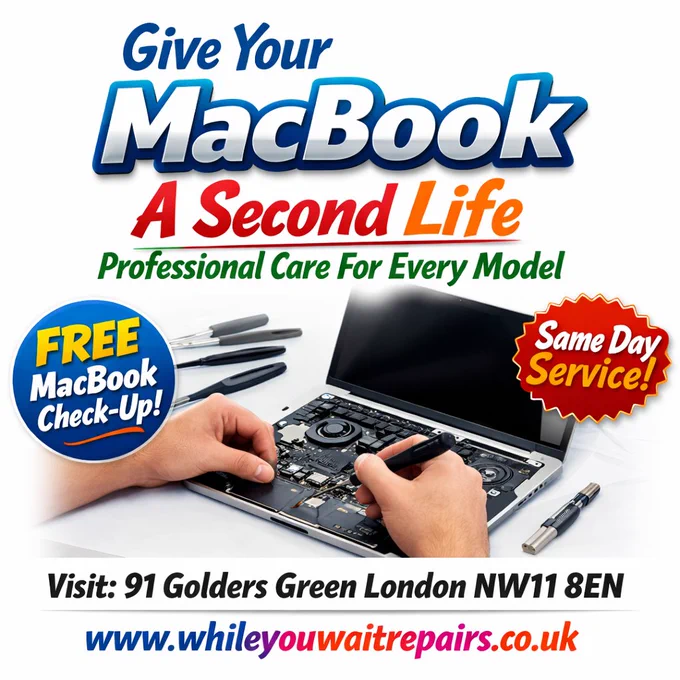 ⏰ NW London — LIMITED FREE Check-Ups Available This Week! 🔧

Your MacBook deserves a SECOND LIFE — and we're making it happen RIGHT HERE in Golders Green! 💚

Whether it's:
💥 A cracked screen
🔋 A dying battery
⚡ Won't switch on
💧 Liquid damage
🐢 Running painfully slow

...WE FIX IT — Often the SAME DAY! 🙌

🎁 BONUS: Bring this post in for your FREE MacBook diagnostic — no strings attached!

📍 91 Golders Green Road, London NW11 8EN
📞 Book online: www.whileyouwaitrepairs.co.uk

✍️ Drop a comment below: What's wrong with YOUR MacBook? We'll reply with advice! 👇

📢 SHARE with friends & family in NW London — let's keep good tech alive!
