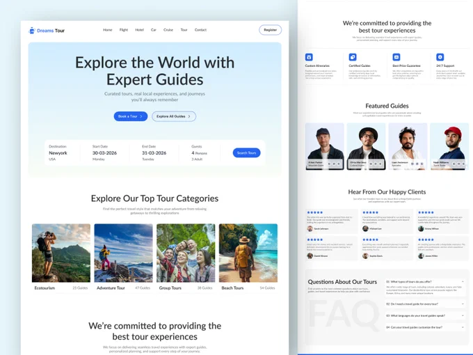 
A clean and modern travel booking website design crafted to deliver a seamless user experience for travelers. This UI focuses on intuitive navigation, engaging visuals, and conversion-driven layouts to help users easily explore destinations, discover tour categories, and book their trips with confidence.

The design highlights key sections such as featured tour categories, expert guides, client testimonials, and FAQs ensuring both usability and trust. With a minimal aesthetic, soft color palette, and well-structured components, this concept is ideal for travel agencies, tour operators, or SaaS-based booking platforms aiming to provide a smooth and engaging digital experience.