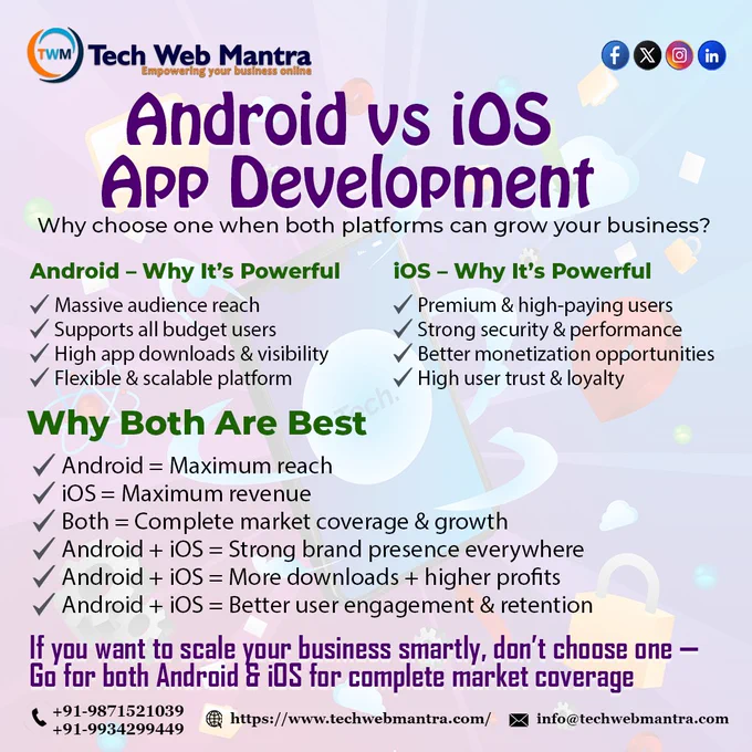 Android vs iOS app development comparison social media poster highlighting benefits of both platforms for business growth, mobile app development strategy, Android app for wider audience reach, iOS app for premium users and higher revenue, complete market coverage with Android and iOS apps, mobile application development services, business app solutions, startup app development, digital transformation, user engagement, app monetization, UI UX design, scalable mobile apps, cross-platform strategy for maximum downloads, conversions, and profit growth.