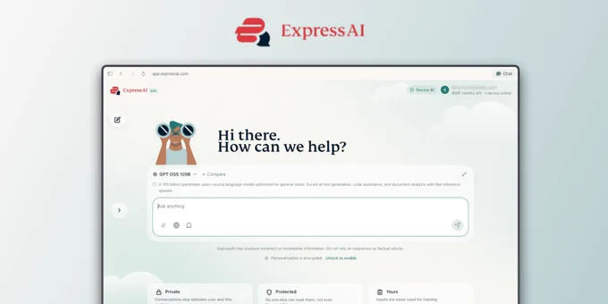 A user interface featuring ExpressAI, showcasing a friendly greeting and a prompt for inquiries, highlighting privacy-focused AI services.