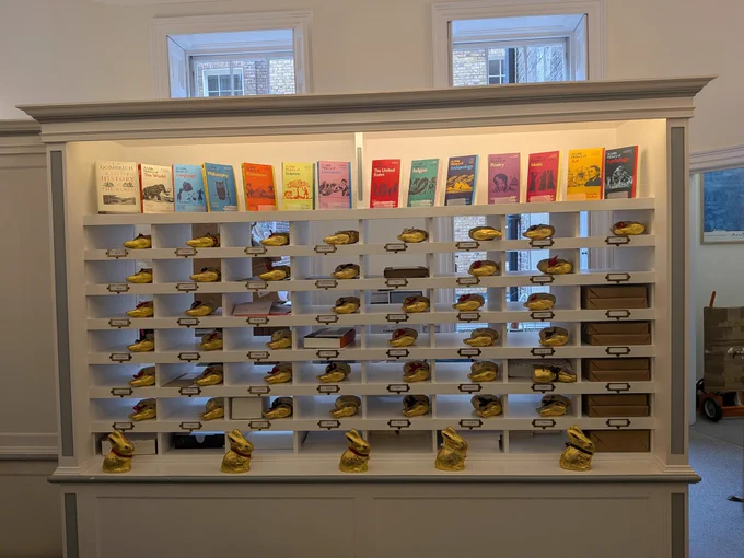 Pigeon holes filled with Lindt bunnies