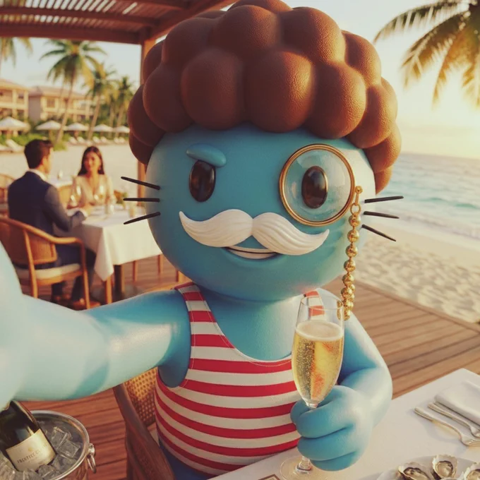 Lord Overprice, an aristocratic CGI cartoon cat with a monocle and curled white moustache, takes a seaside selfie at a luxury beach restaurant during golden hour. He wears a red-and-white striped swim top and holds a glass of champagne, with oysters, an ice bucket, palm trees, and ocean views in the background.