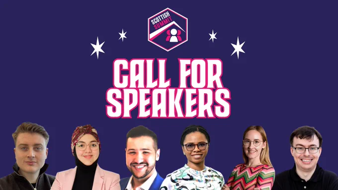 Social media tile promoting call for speakers for Scottish Summit 2026