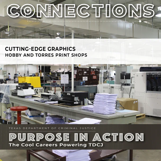 The print shops at the Hobby, Torres and Wynne units create high-quality graphics for agencies across Texas! Their teams produce everything from business cards to banners, vehicle wraps and display pieces.
