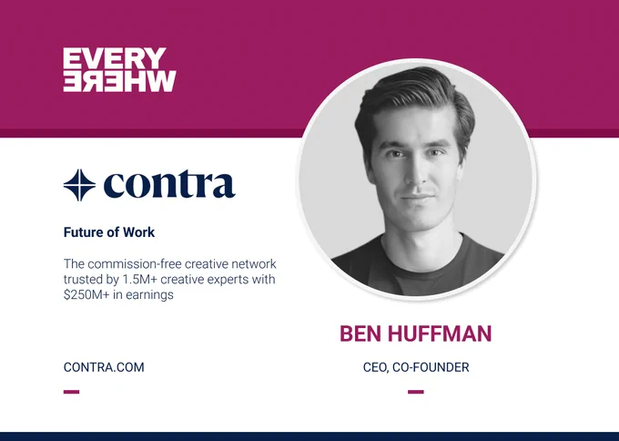 A company profile card for Contra with a magenta header displaying the mirrored “EVERYWHERE” Ventures logo. On the left, the Contra logo appears above the label “Future of Work” and the description: “The commission-free creative network trusted by 1.5M  creative experts with $250M  in earnings.” The website “CONTRA.COM” is listed below. On the right, there is a circular black‑and‑white portrait labeled “Ben Huffman, CEO, CO‑FOUNDER.”