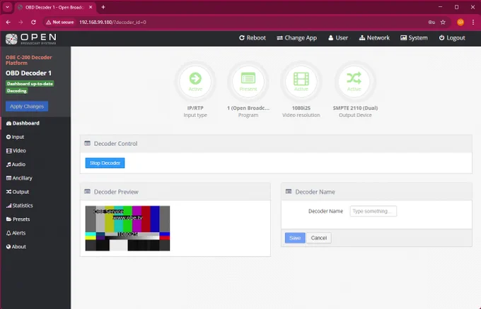 Screenshot of the web browser dashboard page for the OBE C-200 Decoder 