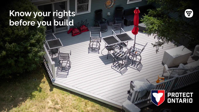 Image of a backyard deck. Text: Know your rights before you build