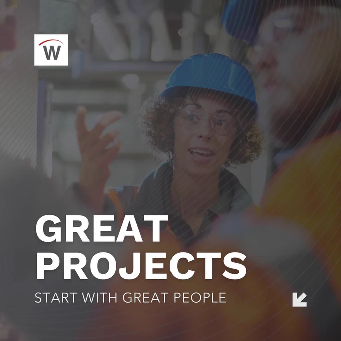 Graphic of a construction professional wearing a blue hard hat and safety glasses speaking and gesturing on a job site. Overlaid text reads “Great Projects Start With Great People,” with the Waggoner logo in the corner.