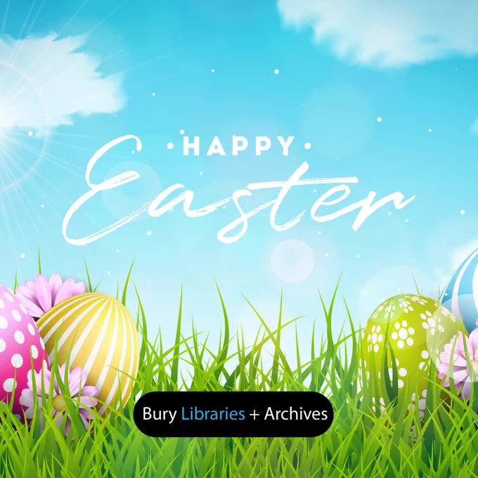 Bright Easter scene with sunlit sky, clouds, and colourful patterned eggs nestled in green grass, surrounded by pink flowers. Text reads "Happy Easter".