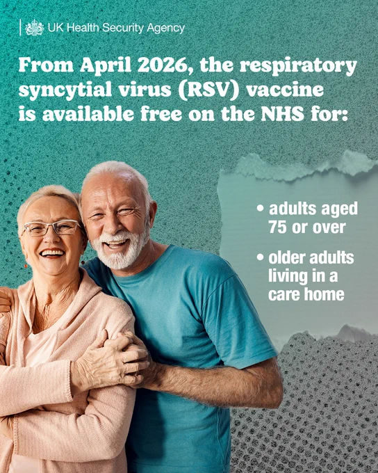 Text reads: 
From April 2026, the respiratory syncytial virus (RSV) vaccine is available free on the NHS for:
- adults aged 75 or over
- older adults living in a care home

Image depicts:
The image features an older couple standing close together and smiling warmly at the camera.

