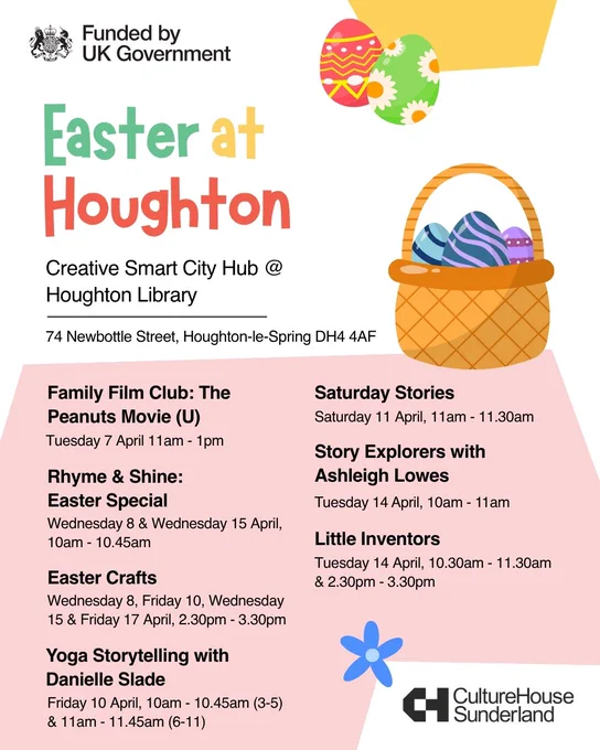 A graphic, with Easter-themed illustrations, listing the Easter holiday programme at the Creative Smart City Hub @ Houghton Library
