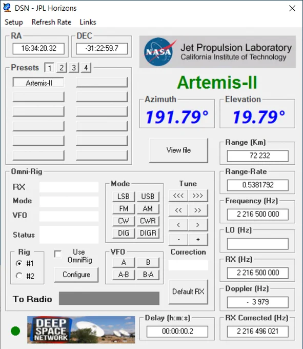 AZ/EL antenna control via PSTRotator software w/ 'DSN' module dedicated to objects tracked in JPL Horizons system