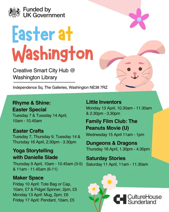 A graphic, with Easter-themed illustrations, listing the Easter holiday programme at the Creative Smart City Hub @ Washington Library