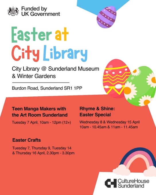 A graphic, with Easter-themed illustrations, listing the Easter holiday programme at the City Library