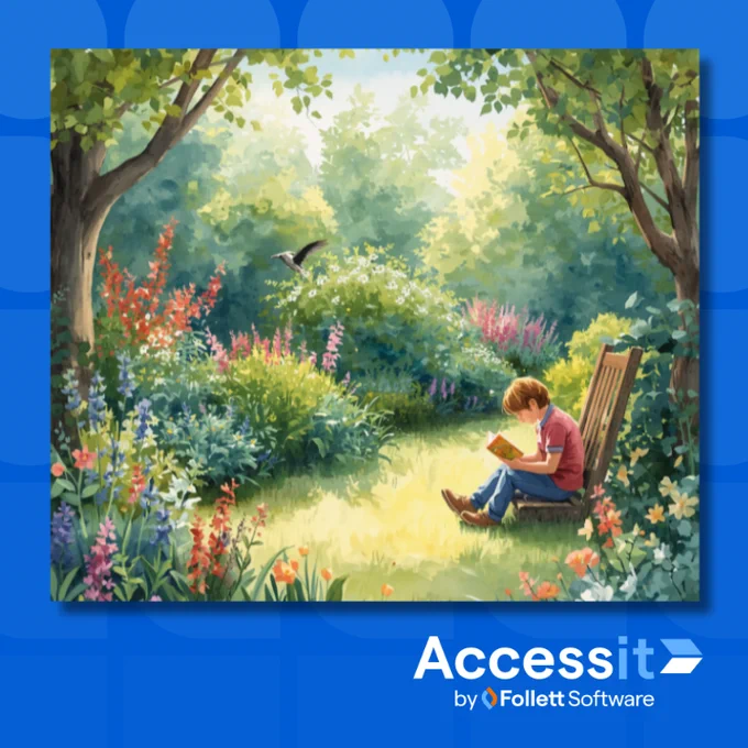 A young boy sitting on a wooden chair in a sunlit garden, engrossed in reading a book surrounded by colorful flowers and lush greenery.