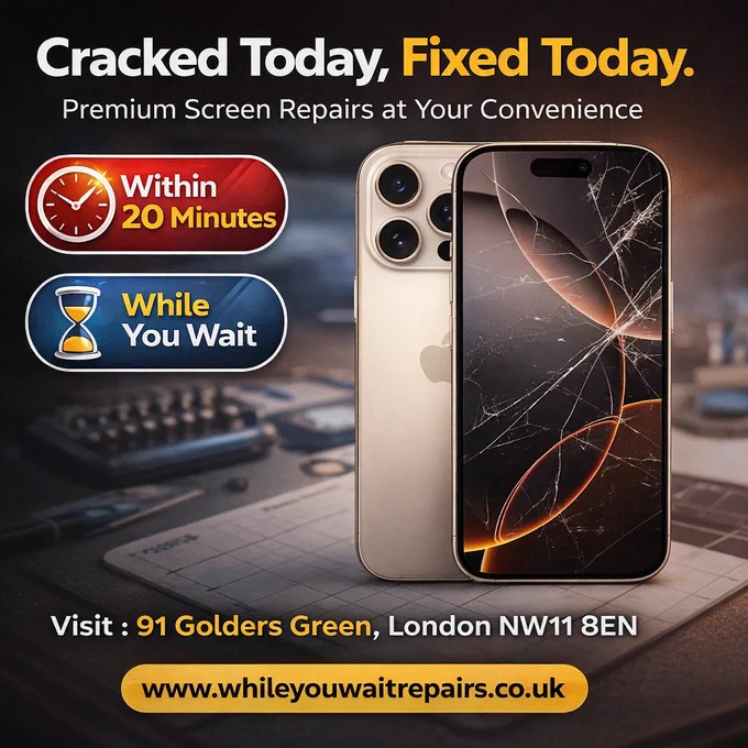 Is your phone screen cracked? 😩 
Don't let a shattered screen ruin your day in Golders Green!
At While You Wait Repairs in NW11, we believe in getting you back to scrolling, snapping, and calling in no time. We offer Premium Screen Repairs with an incredible promise: Cracked Today, Fixed Today!
🕒 Within 20 Minutes
☕ While You Wait
No appointments needed, just walk in with your damaged device and walk out with it looking brand new! We're right here in your neighborhood, ready to help.
📍 Visit us at: 91 Golders Green, London NW11 8EN
Don't delay, get your phone fixed today! 👇
